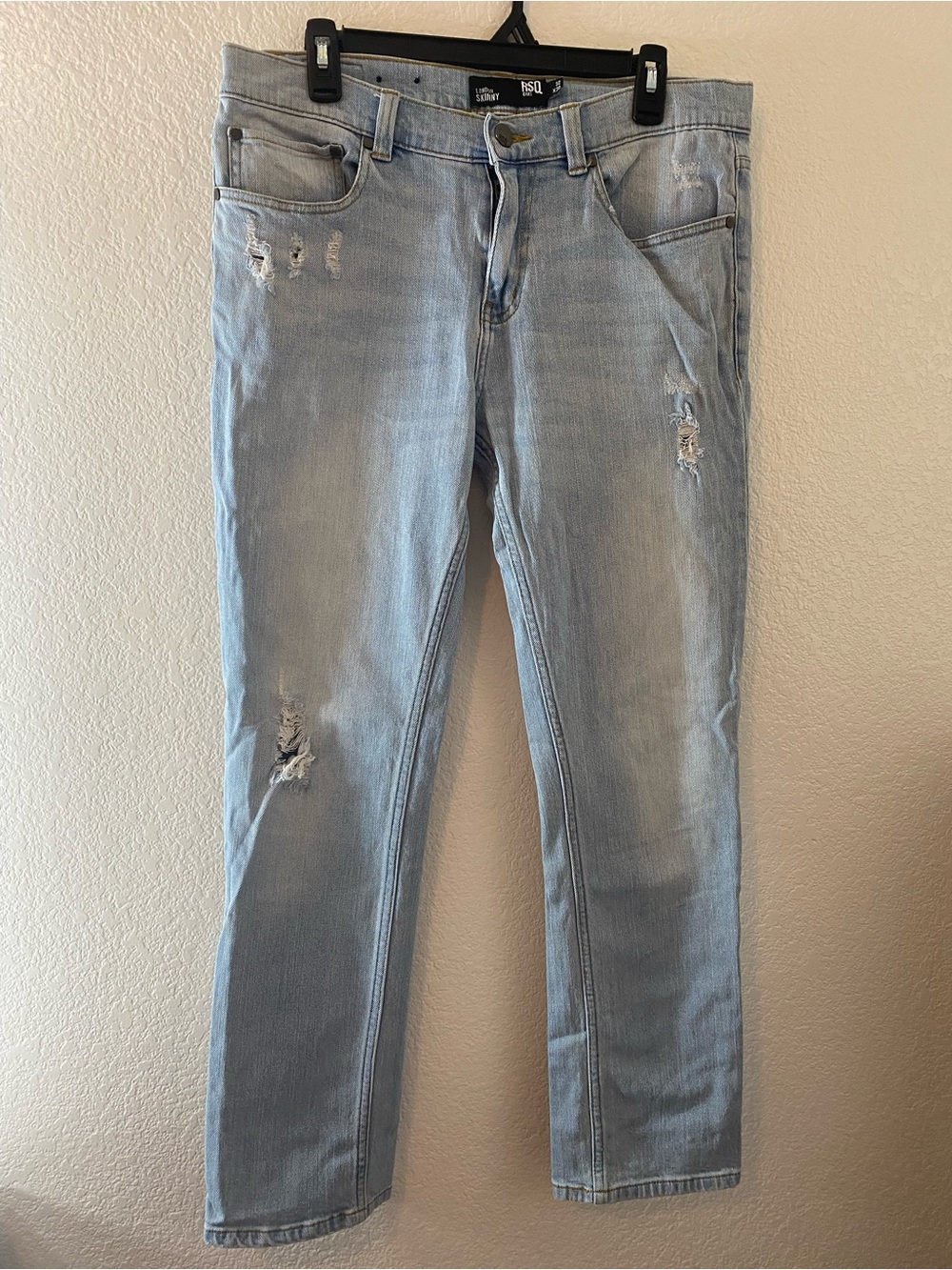 RSQ Men’s Skinny Jeans in Light Blue Distressed Wash